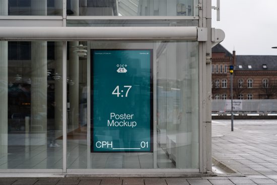 Urban poster mockup displayed in glass bus stop shelter, clear and professional design asset for advertising presentations.